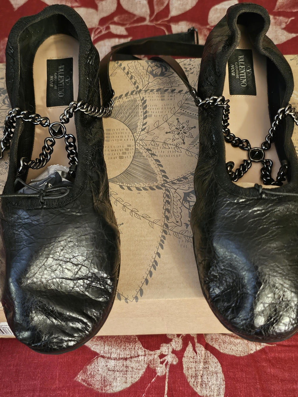 Valentino Black Leather Chain Strap Ballet Flats